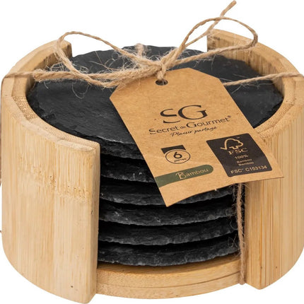 Secret de Gourmet Glasonderzetters - in rekje - 6ST - antraciet - leisteen - 10 cm