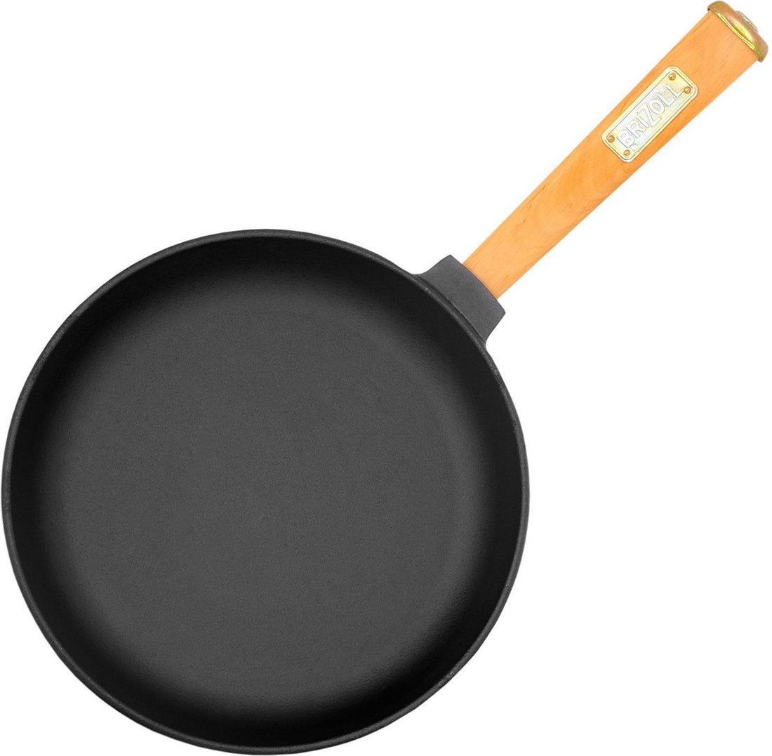 BRIZOLL Cast Iron Skillet 24 cm with Wooden Handle - Perfect for Gas, Induction, and Electric Cooking