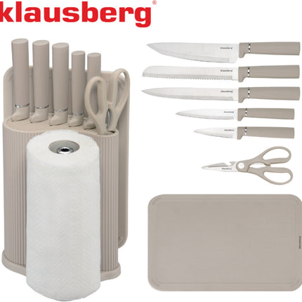 Klausberg KB-7978 8 Delig Keukenset - Messenset met Snijplank en Papierrolhouder - Beige Roestvrij Staal