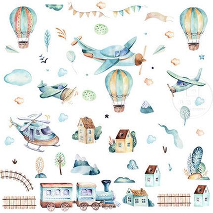 Wandtattoo Flugzeuge und Heißluftballons - Selbstklebende Wanddekoration für Kinderzimmer - 90x90 cm - Flugzeug Wandaufkleber für Jungenzimmer und Kindergarten