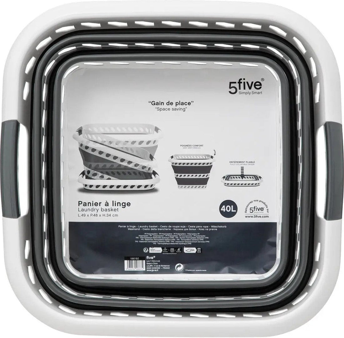 5Five Panier à linge pliable avec anses - 2x - plastique - 40L - gris / blanc - 48 x 34 x 49 cm