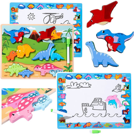 Hölzernes pädagogisches Dinosaurier-Puzzlebrett 2-in-1 - mit Zeichentafel und abwischbarem Stift - 12 Teile - Puzzle und Zeichentafel - 2 in 1 - Whiteboard