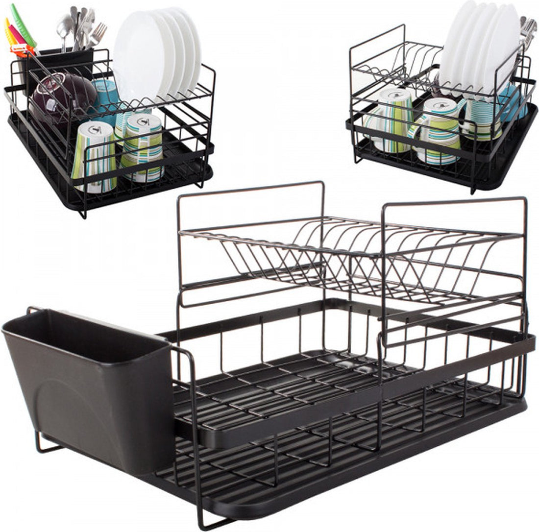 Afdruiprek zwart met lekbak – metaal, 2 niveaus, 42 x 27 x 24 cm