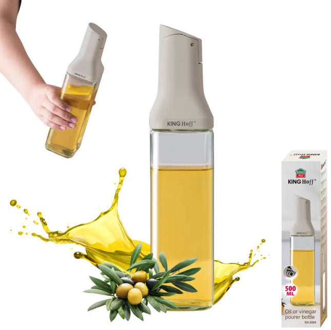 KINGHOFF KH-2004 Ölflasche 500 ml – Präzisionsausgießer – Gehärtetes Glas & Edelstahl – Tropffreie Öl- und Essigflasche – Beige
