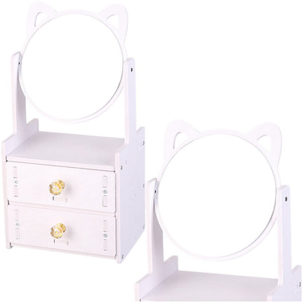Mini-Schminktisch mit Spiegel und 2 Schubladen - Weiße Holzkommode für Schmuck und Make-up - Kompaktes Aufbewahrungsmöbel - Kosmetikspiegel - Make-up-Organizer - Schminkspiegel mit Katzenohren