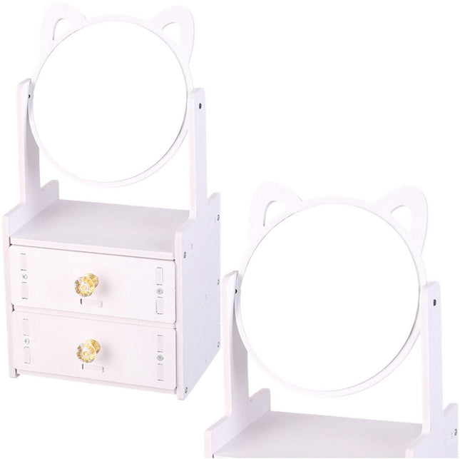 Mini-Schminktisch mit Spiegel und 2 Schubladen - Weiße Holzkommode für Schmuck und Make-up - Kompaktes Aufbewahrungsmöbel - Kosmetikspiegel - Make-up-Organizer - Schminkspiegel mit Katzenohren