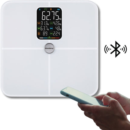 Klausberg KB-7941 Intelligente Personenwaage – Weiß – 180 kg – Körperanalyse BIA – Bluetooth – Körperfettanteil, Muskelmasse & BMI – Gehärtetes Glas