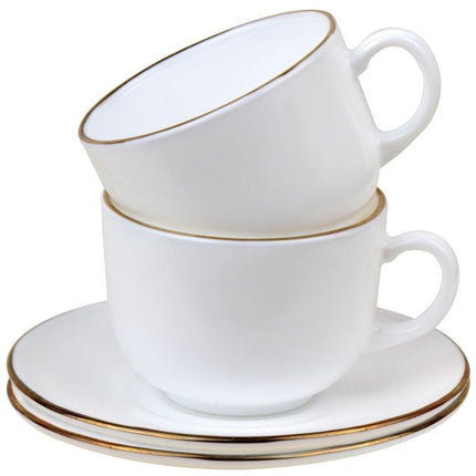 KingHoff Kop en Schotel Set 12-delig - Wit Opaalglazen Koffiekopjes met Gouden Rand - 210 ml - Set voor 6 Personen