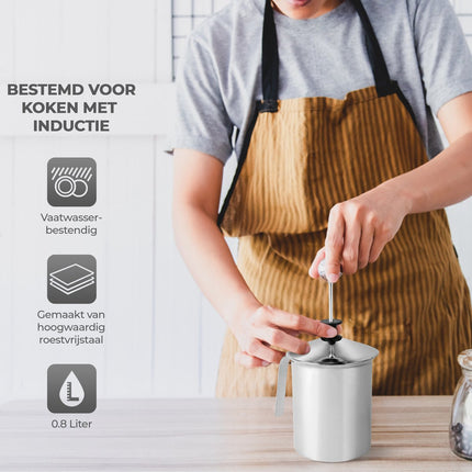 Kinghoff® - Milchaufschäumer Manuell - Edelstahl - 800 ml - Spülmaschinenfest - Barista - Milchkännchen - Hitzebeständiger Boden - Induktion