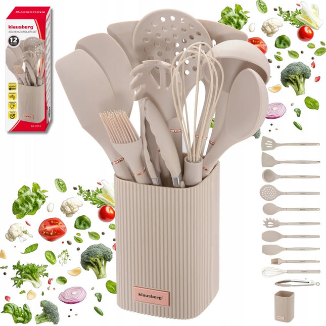 Klausberg keukengerei set 12-delig met standaard – siliconen, tot 220 °C, beige