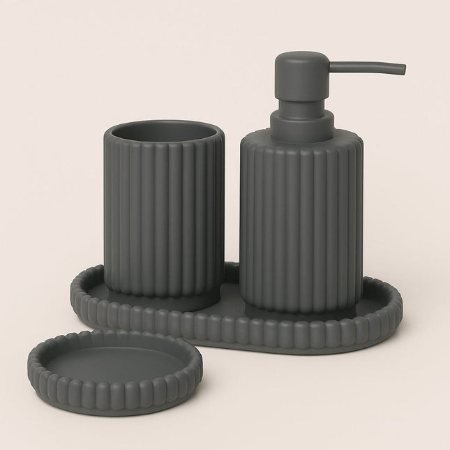 4-teiliges graues Bad- & Küchenset - Seifenspender, Seifenschale, Zahnbürstenhalter und Ablage - Modernes Harz-Design - Seifenpumpe - Seifen-Set