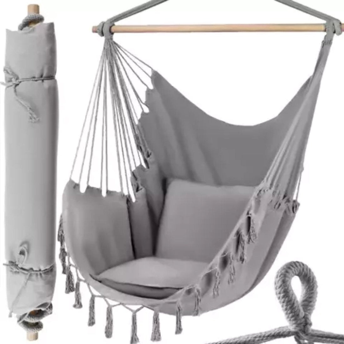 Fauteuil suspendu - gris - Maintenant avec 2 coussins offerts ! - Adapté pour l'intérieur et l'extérieur - Chaise suspendue - hamac - 130 x 100 x 90 cm - Max 150 kg