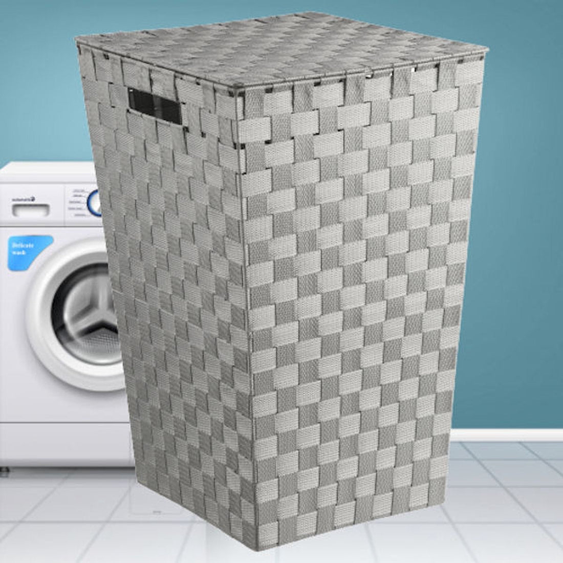 Laundry baskets with lid - 60 Liters - Woven laundry basket - Laundry hamper with lift-up lid - Polypropylene - Dim. 33x33x53 cm - Gray