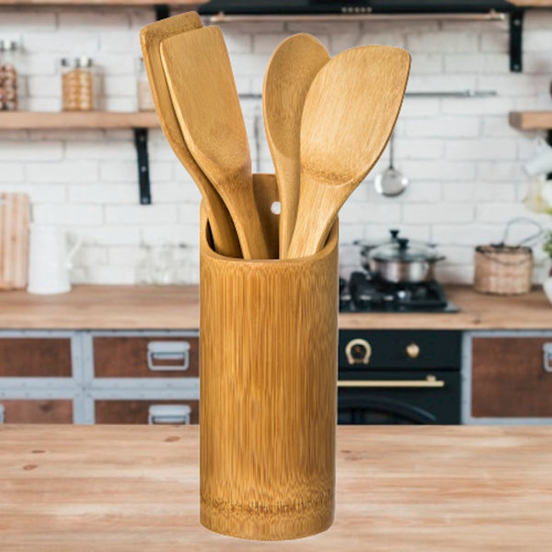 Ensemble d'ustensiles de cuisine - Set de 5 ustensiles de cuisine - Organisateur rond - Set de spatules + Support - Bois de bambou