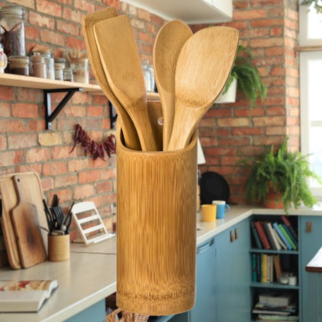Ensemble d'ustensiles de cuisine - Set de 5 ustensiles de cuisine - Organisateur rond - Set de spatules + Support - Bois de bambou