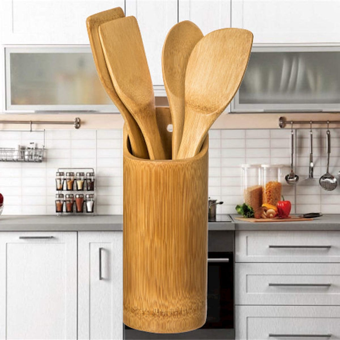 Ensemble d'ustensiles de cuisine - Set de 5 ustensiles de cuisine - Organisateur rond - Set de spatules + Support - Bois de bambou