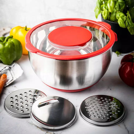 RVS Mengkom met Deksel – Multifunctioneel (5L, Rood) – Inclusief 3 Raspstanden, Maatverdeling en Antislip Rand – Voor Mengen, Raspen en Opslaan