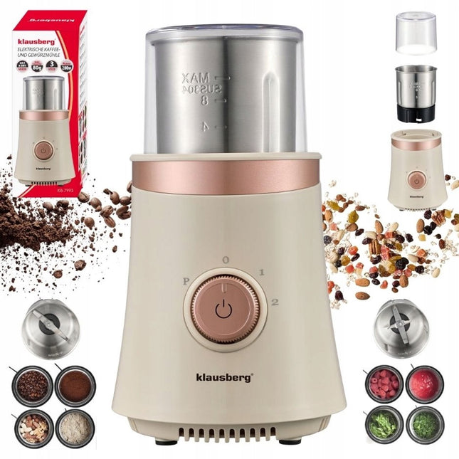 KLAUSBERG KB-7993 Elektrische 2-in-1 Kaffee- und Gewürzmühle – 200W – Edelstahlbecher – Trocken- & Nassmahlen – 3 Geschwindigkeiten – 80g Kapazität – Beige/Kupfer