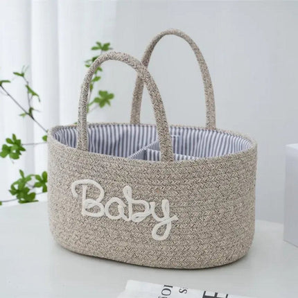 Baby Luiermand voor op de Commode – Opbergmand met 3 Vakken & Handgrepen – Beige met Creme Letters Baby – Organizer voor Luiers, Doekjes en Accessoires - Luiertas Commodemandje - Baby Organizer