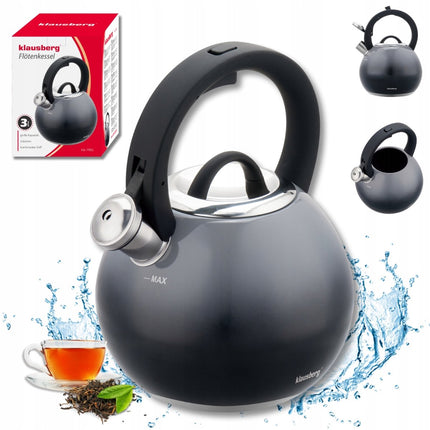 KLAUSBERG KB-7955 Flötenkessel 3 L – Wasserkessel – Graphit Hochglanz – Edelstahl – Soft-Touch – Induktion – Mit Pfeife