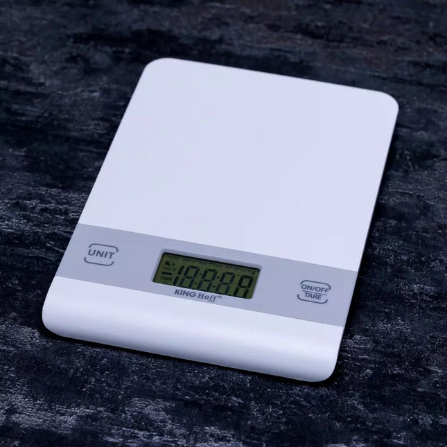 Kinghoff Digitale Küchenwaage - Silber, Wiegebereich bis 5 kg, Maßeinheiten g/kg/lb/oz/ml/fl.oz, Tara-Funktion, Genauigkeit 1g, Aufhängeöse, Automatisches/Manuelles Ausschalten - Küchenwaage - Präzisionswaage - Digital - Food Kitchen Scale