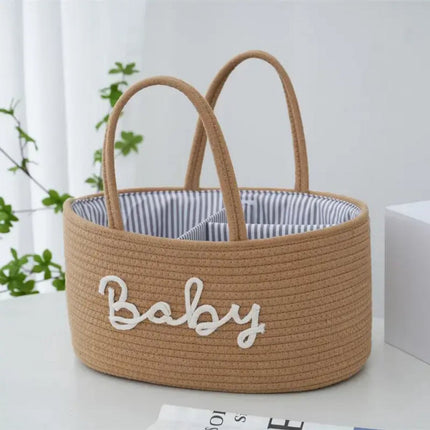 Baby Windelkorb für die Wickelkommode – Aufbewahrungskorb mit 3 Fächern & Griffen – Braun mit weißen Buchstaben Baby – Organizer für Windeln, Tücher und Accessoires – Windeltasche Wickelkommodenkorb – Baby Organizer