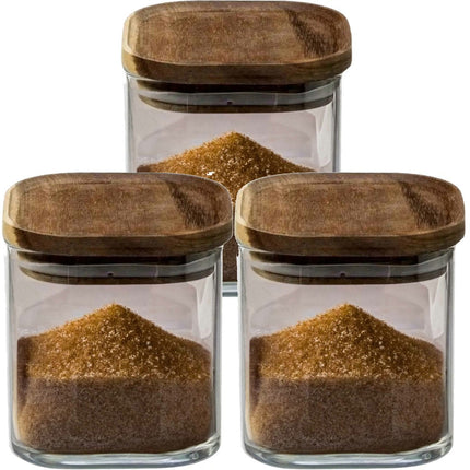 5Five Vorratsdose Lebensmittel – 4er Set – Glas mit Akazienholzdeckel – 600 ml – mit luftdichtem Deckel