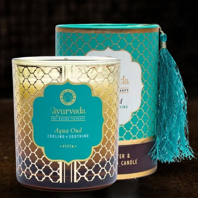 Luxus-Kokosnussbutter- und Sojawachsduftkerze mit Assam-Adlerholz, ayurvedisch, Pitta, Song of India
