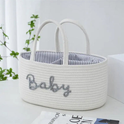 Baby Windelkorb für Wickeltisch – Aufbewahrungskorb mit 3 Fächern & Griffen – Weiß mit grauer Schrift Baby – Organizer für Windeln, Tücher und Accessoires – Windeltasche Wickeltisch-Organizer – Baby Organizer