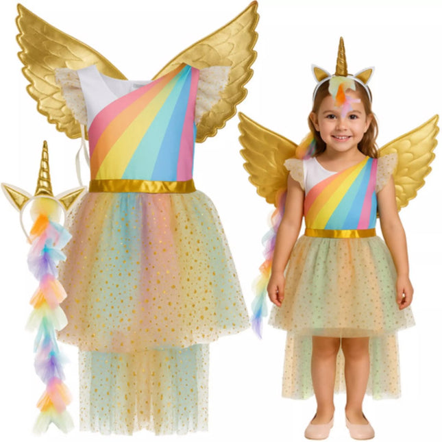 Kruzzel Einhorn Kostüm 122–128 cm – Kleid, Flügel & Stirnband