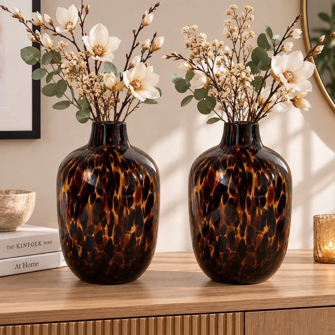 Set of 2 Glass Vases with Leopard Print - Height 25.5 cm - Animal Motif - Modern Flower Vase