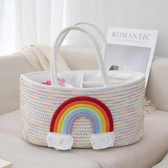 Baby Wickeltisch-Aufbewahrungskorb – Aufbewahrungskorb mit 3 Fächern & Griffen – Regenbogen-Design – Organizer für Windeln, Tücher und Zubehör – Windeltasche Wickelkorb – Baby Organizer