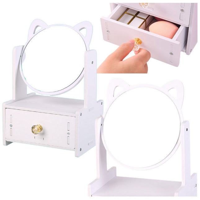 LUXUS Schminkspiegel mit Schublade - Weißer Holz Schminktisch Spiegel - 360° Drehbar - Aufbewahrungssystem für Kosmetik und Schmuck - Make-Up Spiegel - Make-Up Organizer - Schmuckkästchen
