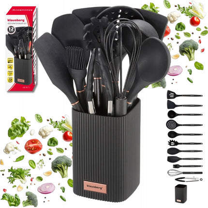 Klausberg Küchenutensilien-Set 12-teilig mit Ständer – Silikon-Küchenutensilien – Hitzebeständig 220°C – Schwarz