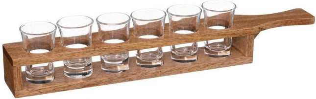 Shotplateau - glas en hout - 6 shotglaasjes