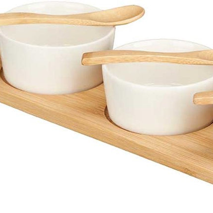 Kinvara Servierplatten-Set Schälchen/Schale – 7-teilig – Porzellan/Bambus – 3 Löffel – Tapas