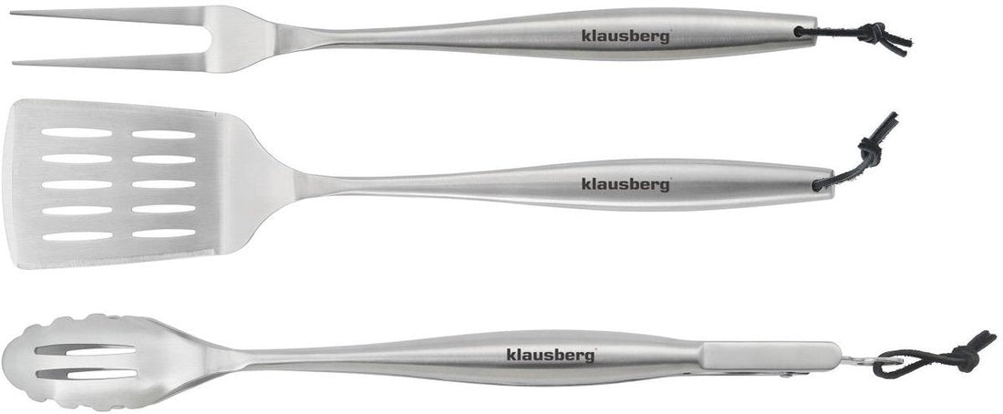 Klausberg KB-7900 Set de barbecue – Kit de gril 3 pièces en inox (Spatule, Fourchette à viande & Pince) - Coffret cadeau - Convient aux amateurs de Kamado / Weber