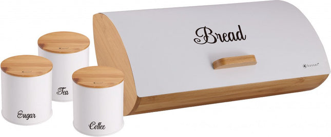 Kassel 93515 - Brotkasten mit 3 Vorratsdosen - Weiß - Stahl / Bambus