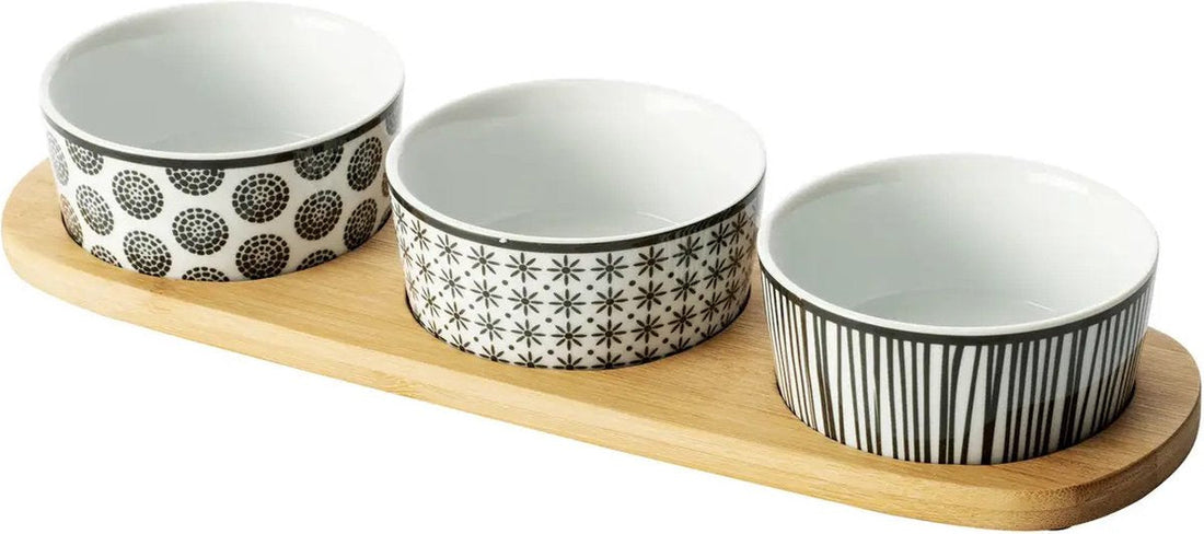 5Five witte borrelplank met 3 schaaltjes – aardewerk en bamboe, 30 cm