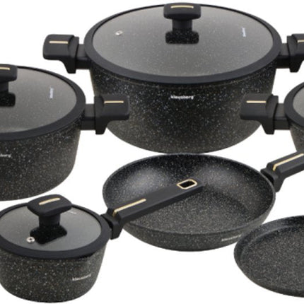 Klausberg Pfannenset 12-teilig - Schwarze Marmor-Antihaftbeschichtung - Induktionsgeeignet - Inklusive Pfannen und Deckel - KB-7966 - Kochgeschirrset - Kochset -