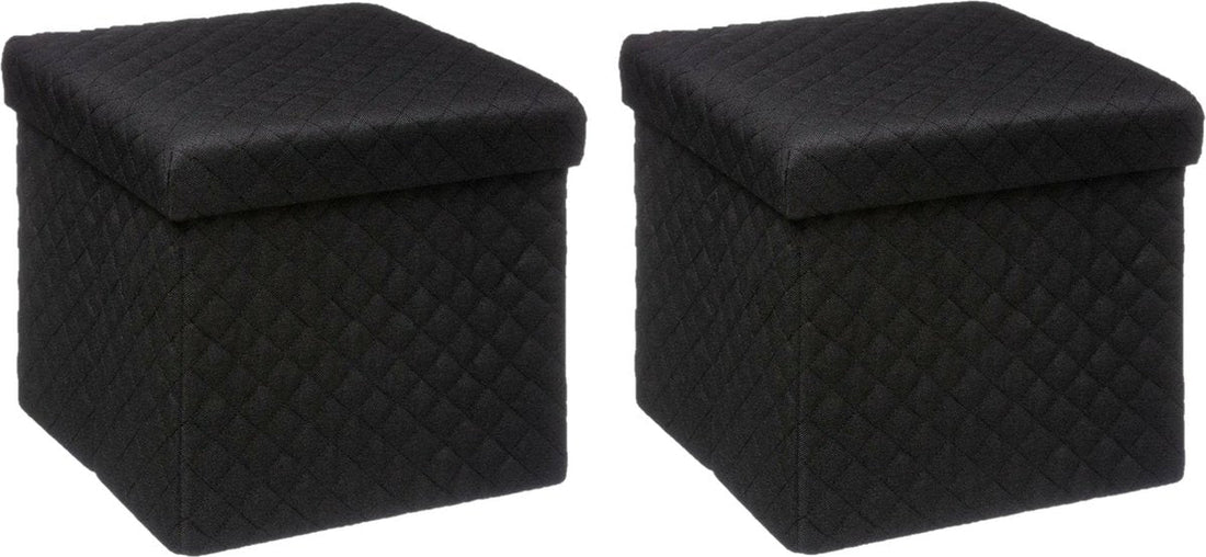 5Five Pouffe/Footstool/Storage Box - 2x - black - polyester/MDF - 31 x 31 cm - foldable