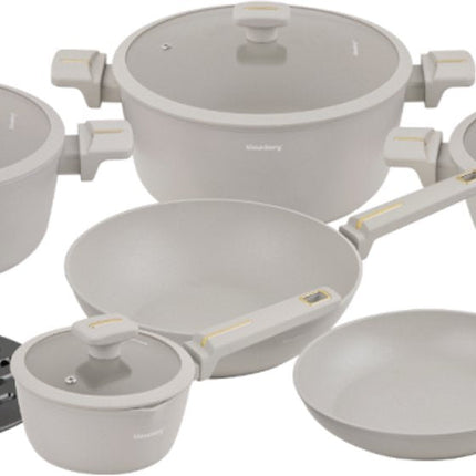 Klausberg KB-7969 Pannenset 12 Delig Beige | Inclusief Wok Pan | Anti-aanbaklaag | Geschikt voor Alle Kookzones Inclusief Inductie | Glazen Deksels | Set Pannen