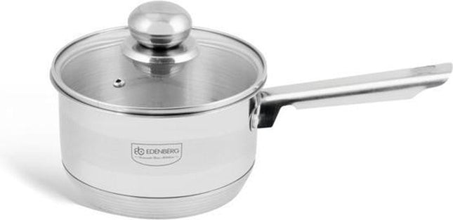 Edënbërg Classic Line - Edelstahl-Stielkasserolle mit Glasdeckel Ø16 cm - 1,5 L - 5-Schicht-Boden!