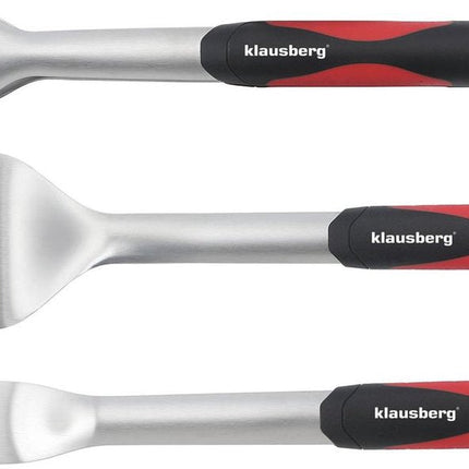 Klausberg KB-7899 Grillset - 3-teiliges Grillbesteck Set Edelstahl mit Kunststoffgriffen (Pfannenwender, Gabel & Zange) - Tolles Geschenkset für Kamado / Weber Liebhaber!