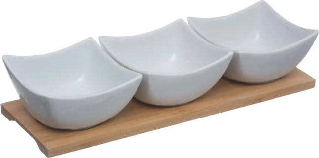 5Five Servierplatte/Snackplatte für Häppchen/Saucen/Tapas – Porzellan – weiß – inkl. 3 Schälchen