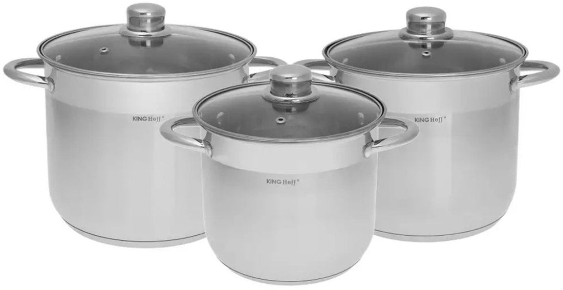 KINGHoff Stainless Steel Pot Set 3-Piece – 7.2 L / 9 L / 11.1 L – Induction Suitable – Stainless Steel with Glass Lid – Cooking Pot Set