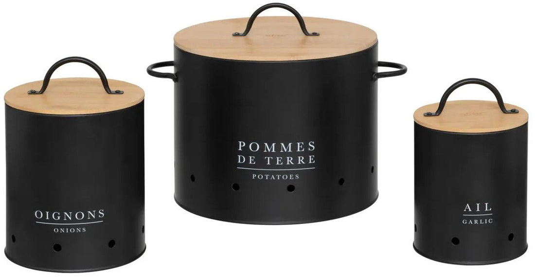 5Five Onion/Potato/Garlic Storage Canister Set - Metal/Bamboo - Black - 22 x 28 cm