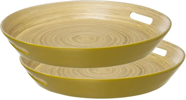 5Five Tablett/Servierplatte rund - 2 Stück - D42 cm - Bambusholz - ockergelb - mit Griffen - Serviertabletts