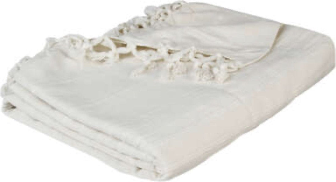 Plaid en coton à franges - Blanc ivoire - 160 x 220 cm
