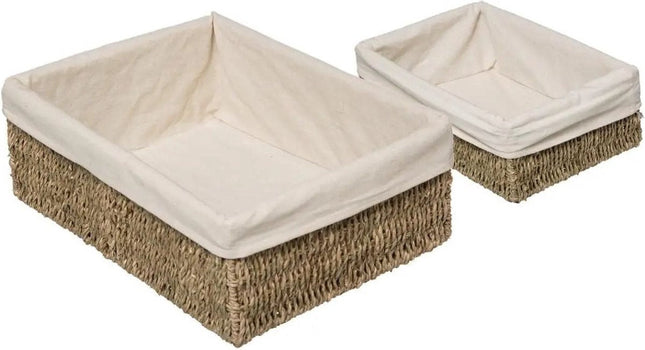 Set van 2x gevlochten opbergmanden zeegras met katoenen hoes - Kast-/badkamer mandjes verschillende formaten